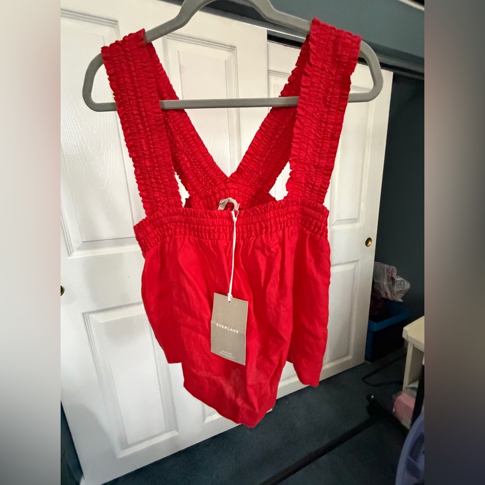 Everlane Red 100% Linen top with Smocked Straps NWT
